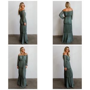 ISABEL DARK SAGE OFF SHOULDER MAXI DRESS